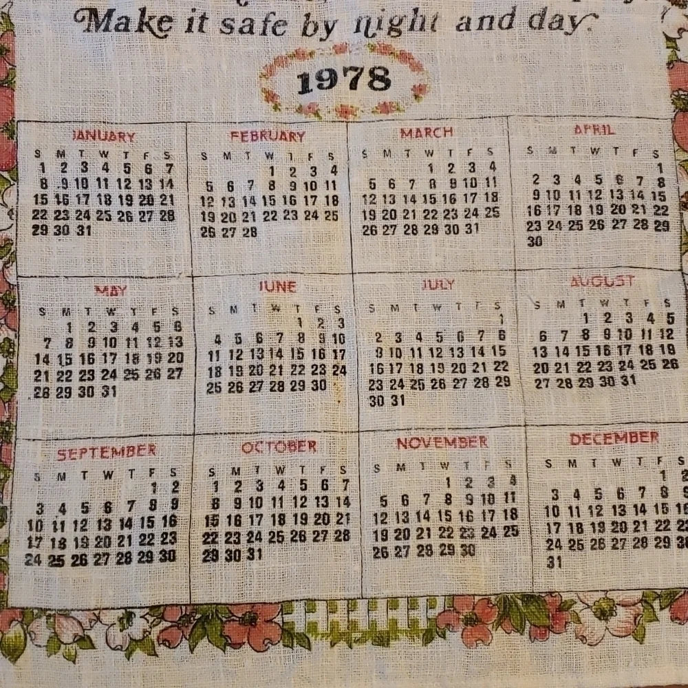 Vintage 78 linen Calendar Tea Towel bless this House Prayer Greens and Pinks